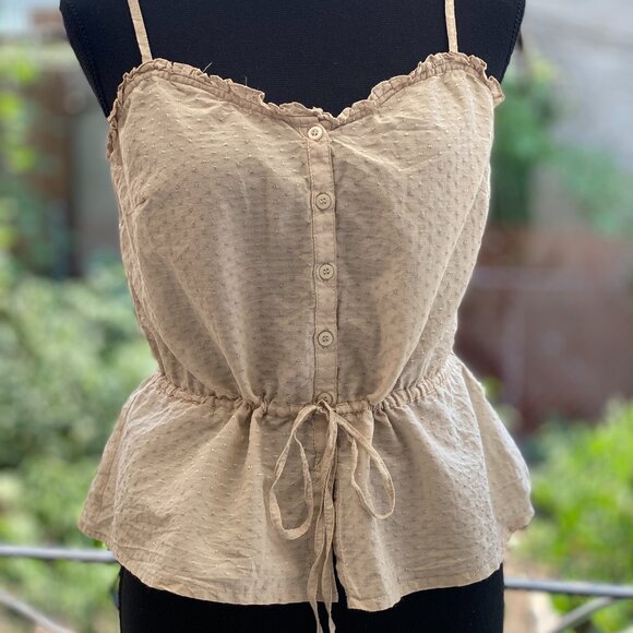 H&M Tie Waist Peplum Hem Front Button Beige Top - Picture 3 of 7